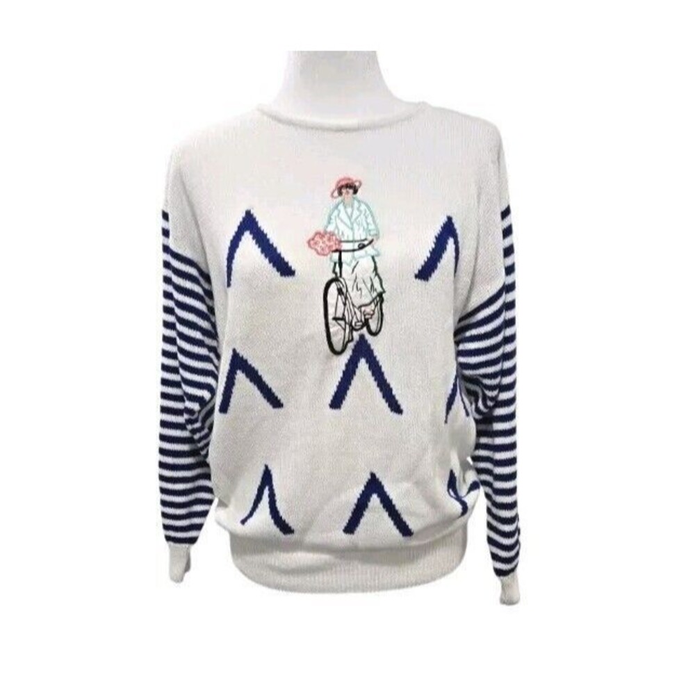 Vintage Junior Miss Bicyclists Sweater Womens Size Medium Striped Long Sleeves